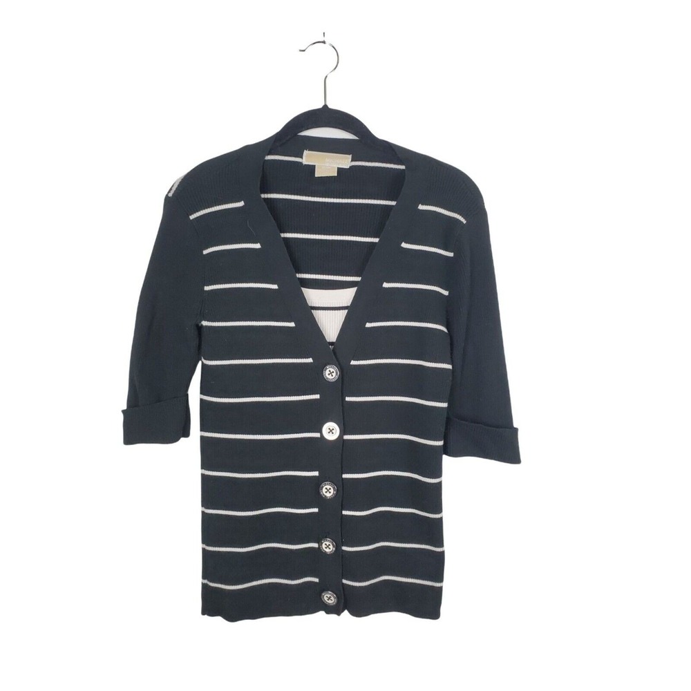 Michael Michael Kors Womens S/P Button Front Half Sleeve Black White Striped